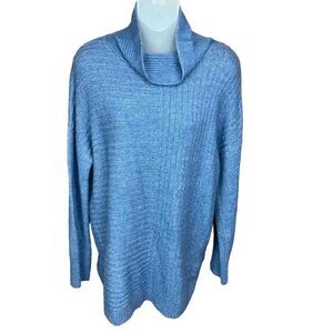 Como Vintage Pullover Sweater Mock Neck Blue Denim Rounded Hem Side Slits Small